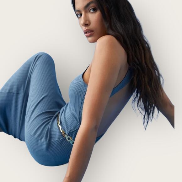 Reformation Candice Bodycon Midi Dress Cut Out Large Blue Ribbed Knit Open Back - Picture 12 of 12